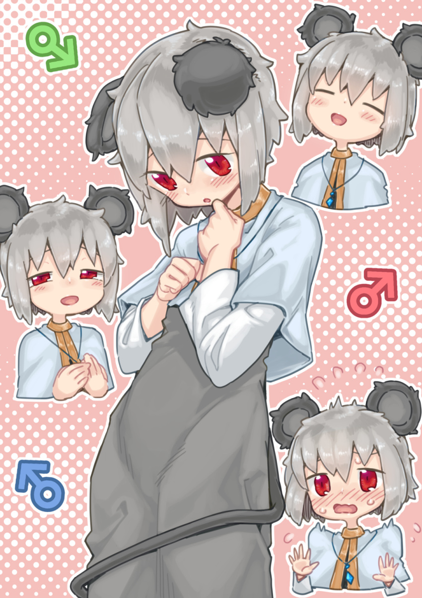 1boy :d animal_ears bangs blush capelet closed_eyes commentary_request cookie_(touhou) cowboy_shot dorasiro_(cookie) dress grey_dress grey_hair hair_between_eyes highres long_sleeves looking_at_viewer male_focus man_(man-room) mars_symbol mouse_boy mouse_ears mouse_tail nazrin open_mouth otoko_no_ko pink_background red_eyes shirt short_hair smile tail touhou white_capelet white_shirt