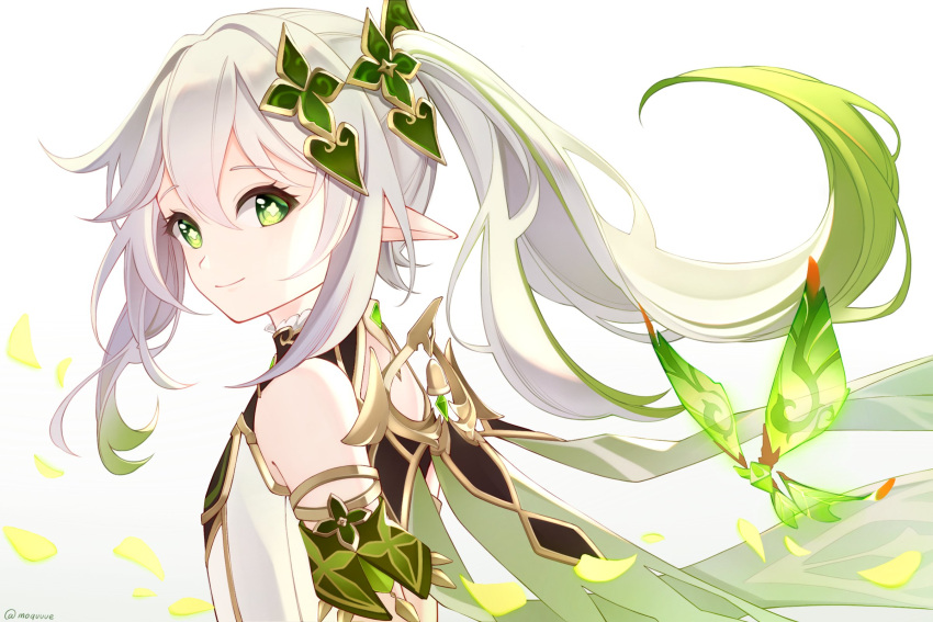 1girl bare_shoulders cape cross-shaped_pupils crystalfly_(genshin_impact) female_child genshin_impact green_cape green_eyes green_sleeves hair_ornament highres leaf_hair_ornament long_hair looking_at_viewer moqu nahida_(genshin_impact) pointy_ears side_ponytail simple_background smile white_background white_hair