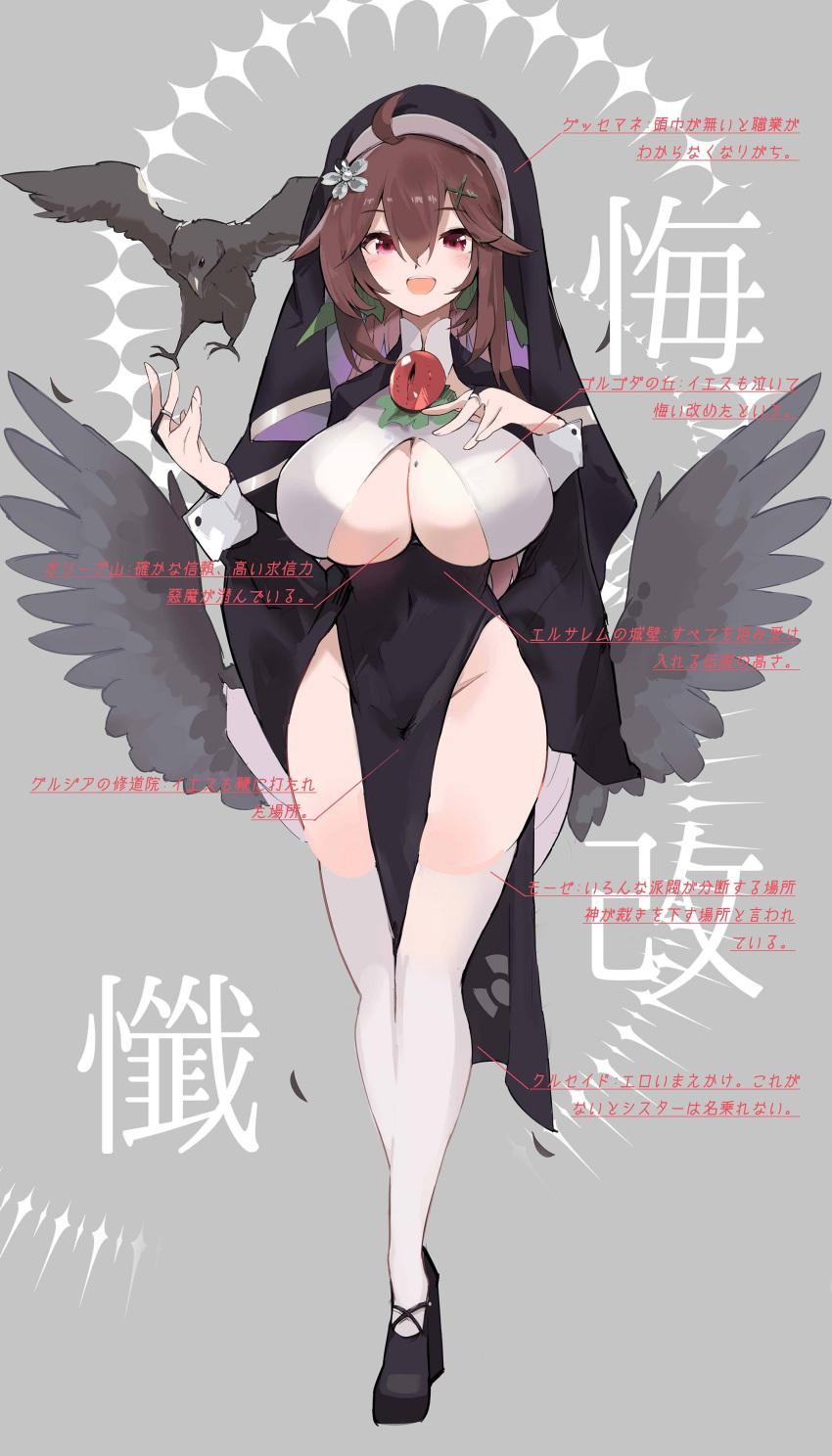 1girl :d absurdres ahoge bangs bird bird_wings black_wings blush breasts bridal_gauntlets brown_hair collarbone commentary_request crow feathered_wings full_body green_ribbon grey_background habit hair_between_eyes hair_ribbon hand_on_own_chest highres large_breasts long_hair looking_at_viewer nun open_mouth pelvic_curtain reiuji_utsuho ribbon simple_background smile solo standing tetsurou_(fe+) thighhighs third_eye touhou white_thighhighs wings wrist_cuffs