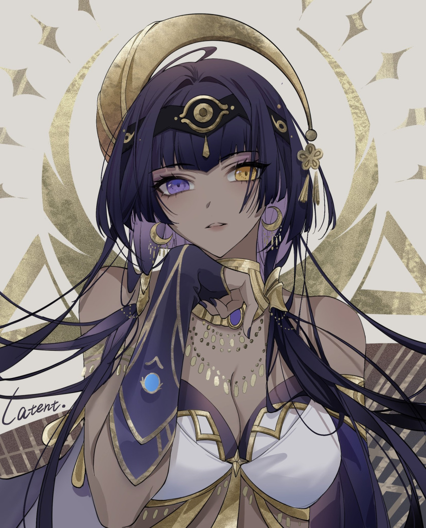 1girl bangs bare_shoulders black_nails blue_eyes blue_hair blush candace_(genshin_impact) closed_mouth crescent crescent_earrings dark-skinned_female dark_blue_hair dark_skin earrings egyptian_clothes eye_of_horus eyelashes forehead_jewel gem genshin_impact gold_trim hair_ornament heterochromia highres jewelry lips looking_at_viewer neck_ring necklace parted_lips short_hair_with_long_locks solo upper_body yellow_eyes yin01582942