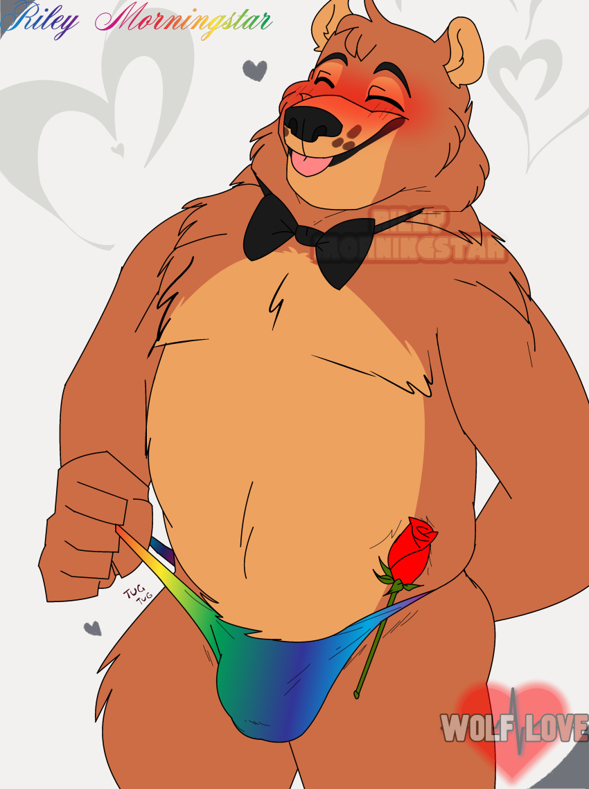 absurd_res anthro barazoku bearnard_(wolf_love) blush blush_lines blushing_profusely bow_tie bulge chest_tuft clothing eyes_closed five_nights_at_freddy's five_nights_at_freddy's_2 flower happy hi_res himbo jockstrap lgbt_pride logo male mammal multicolored_clothing muscular plant pride_colors rainbow_clothing riley_morningstar rose_(flower) scottgames slightly_chubby solo speedo stripper swimwear tight_clothing tongue tongue_out toy_freddy_(fnaf) tuft underwear ursid ursine video_games watermark