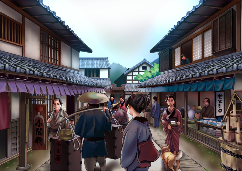 6+girls blue_kimono clear_sky commentary_request day food gesogeso hair_ornament hairclip hat history house japanese_clothes kimono multiple_girls open_window original plate shiba_inu shop sign sky straw_hat string_of_flags tofu translation_request window zantetsu_(gesogeso)
