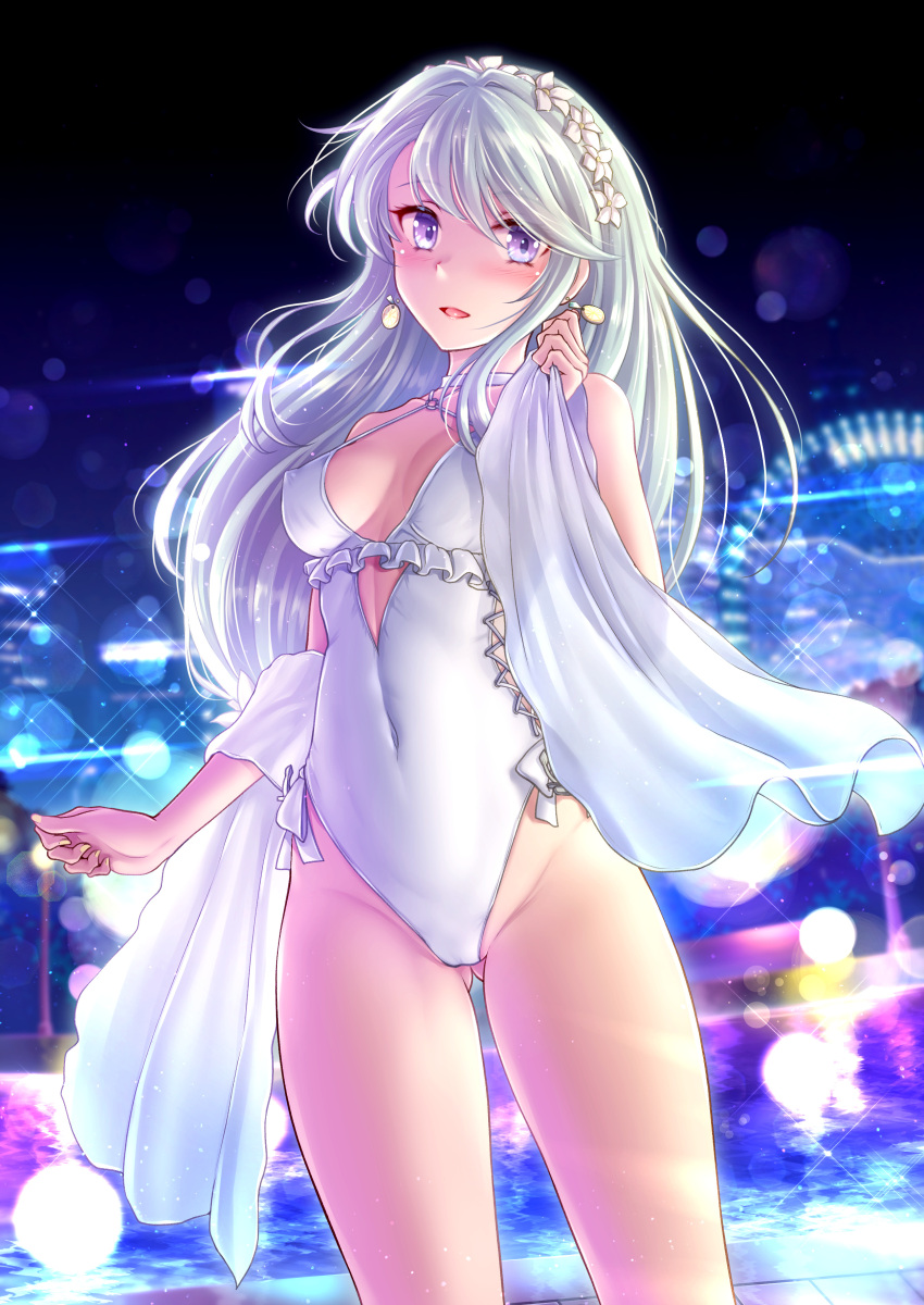 1girl absurdres ass_visible_through_thighs asymmetrical_bangs bangs blue_hairband blush breasts casual_one-piece_swimsuit covered_navel cowboy_shot earrings food-themed_earrings grey_hair hairband highleg highleg_swimsuit highres jewelry kantai_collection lemon_earrings lights long_hair night official_alternate_costume one-piece_swimsuit open_mouth pool purple_eyes reflection ryu-akt sagiri_(kancolle) shawl side-tie_swimsuit small_breasts solo swept_bangs swimsuit water white_one-piece_swimsuit white_shawl