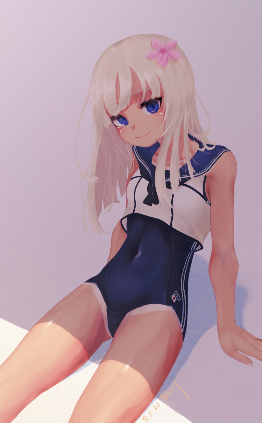 1girl black_neckerchief blonde_hair blue_eyes blue_one-piece_swimsuit blue_sailor_collar crop_top flower hair_flower hair_ornament highres kantai_collection long_hair looking_at_viewer neckerchief one-piece_tan ro-500_(kancolle) sailor_collar school_swimsuit sitting smile solo sui_yamami swimsuit swimsuit_under_clothes tan tanlines