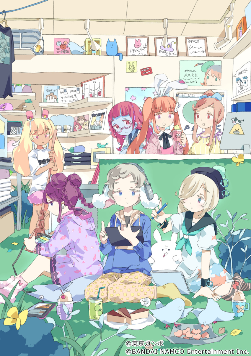 animal_ears blue_eyes bow braid cellphone choker denonbu double_bun food grey_hair hair_bow hair_bun hair_ornament hairclip hat highres hood hoodie inubousaki_shian jacket long_hair long_sleeves minakami_hina multiple_girls official_art open_mouth orange_hair park_harajuku:_crisis_team! phone pink_eyes purple_eyes rabbit_ears sailor_collar sakurano_mimito school_uniform serafuku shirt smartphone standing tanaka_mugi tokyo_gambo twin_braids twintails white_shirt