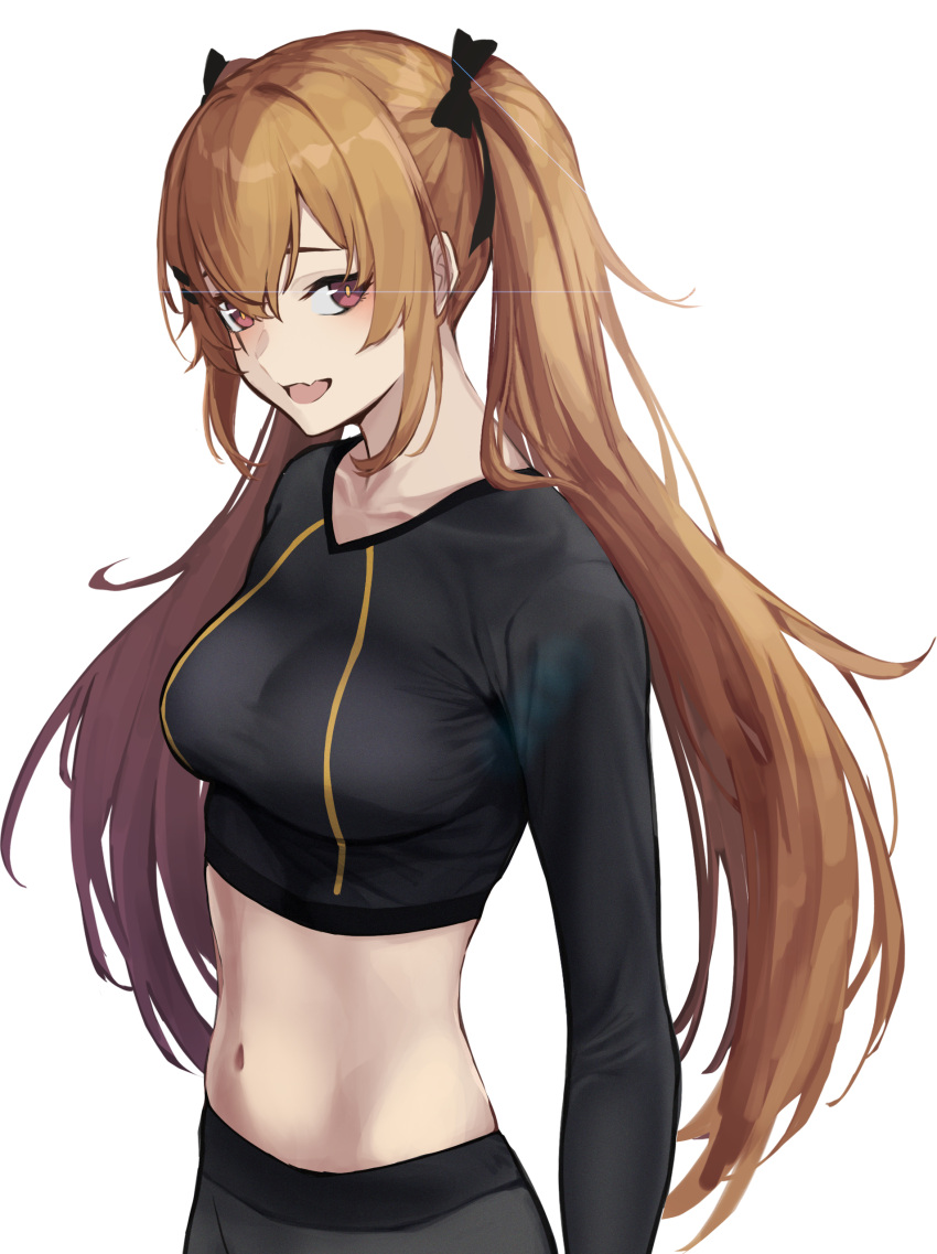 1girl 3_small_spiders absurdres bangs black_pants black_shirt blush bow breasts brown_hair collarbone commentary girls'_frontline hair_bow highres long_hair long_sleeves looking_at_viewer medium_breasts navel open_mouth pants red_eyes scar scar_across_eye shirt smile solo standing stomach turtleneck twintails ump9_(girls'_frontline) upper_body white_background