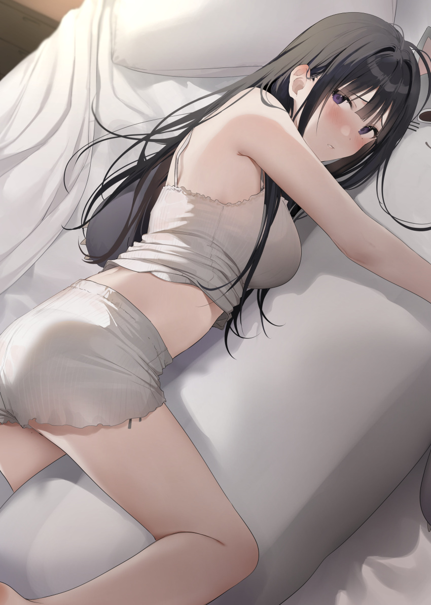 1girl absurdres bangs bare_arms bare_shoulders black_hair blush breasts highres large_breasts long_hair looking_at_viewer original parted_lips pillow purple_eyes sleeveless solo thighs xretakex