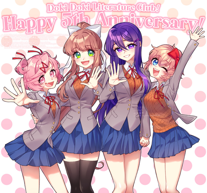 4girls :d ;d anniversary arm_up bangs black_thighhighs blue_eyes blue_skirt bow brown_hair brown_vest commentary_request copyright_name doki_doki_literature_club english_text eyes_visible_through_hair fang green_eyes grey_jacket hair_between_eyes hair_bow hair_ornament hair_ribbon hairclip hand_on_another's_back highres holding_hands interlocked_fingers jacket long_hair long_sleeves looking_at_viewer milestone_celebration monika_(doki_doki_literature_club) multiple_girls nan_(gokurou) natsuki_(doki_doki_literature_club) neck_ribbon one_eye_closed open_clothes open_jacket open_mouth pink_eyes pink_hair pleated_skirt polka_dot polka_dot_background ponytail purple_eyes purple_hair red_bow red_ribbon ribbon sayori_(doki_doki_literature_club) school_uniform shirt short_hair simple_background skin_fang skirt smile swept_bangs thighhighs two_side_up very_long_hair vest watermark waving white_ribbon white_shirt wing_collar yuri_(doki_doki_literature_club) zettai_ryouiki