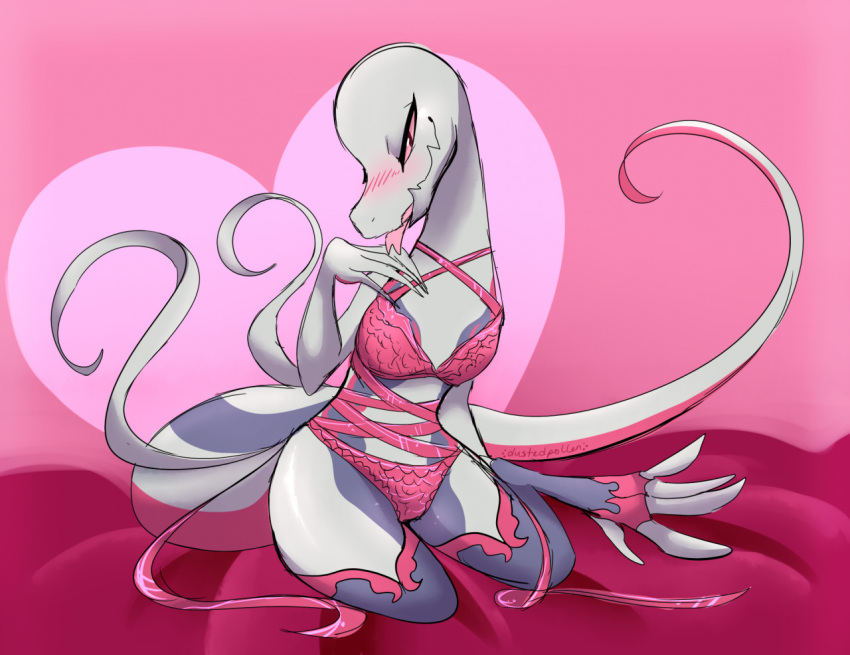 bed bedroom_eyes blush clothed clothed_feral clothing dustedpollen female feral furniture generation_7_pokemon lingerie lizard narrowed_eyes nintendo pokemon pokemon_(species) reptile salazzle scalie seductive semi-anthro shiny_pokemon smile solo video_games