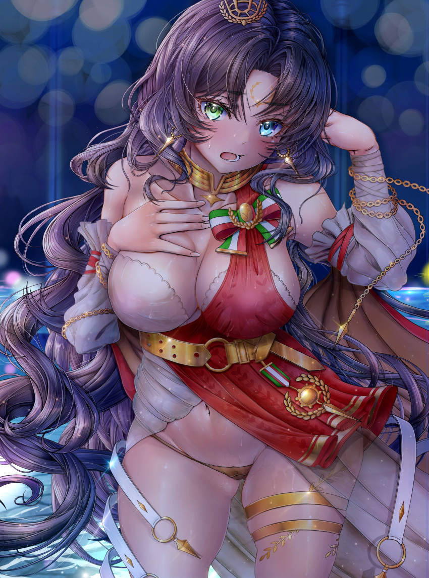 1girl absurdres ass_visible_through_thighs asymmetrical_clothes asymmetrical_dress azur_lane black_hair blue_eyes breasts chain cleavage commander_kei detached_sleeves dress earrings gold_chain gold_panties green_eyes hand_on_own_chest heterochromia highres italian_flag jewelry large_breasts long_hair micro_panties navel open_mouth panties red_dress roma_(azur_lane) solo thigh_strap two-tone_dress underwear very_long_hair white_dress