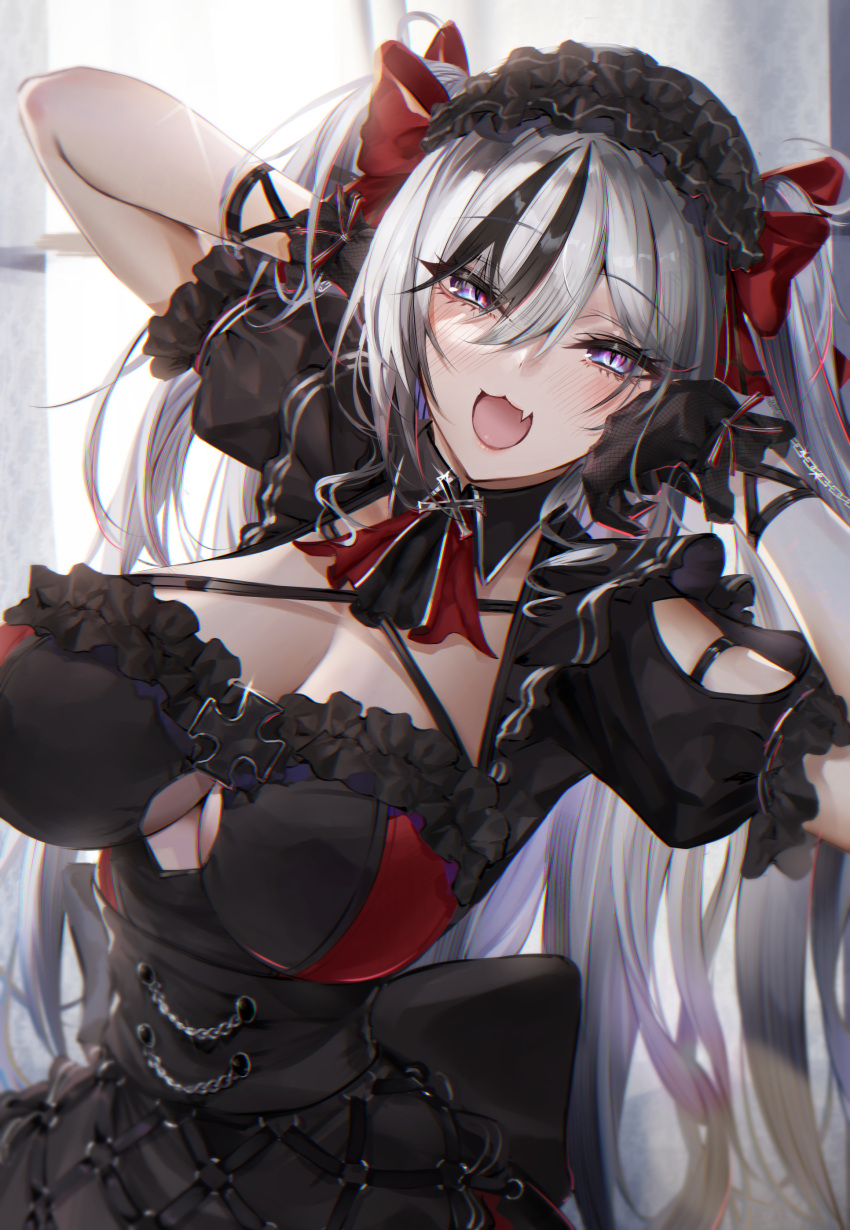 1girl absurdres azur_lane bangs black_dress black_gloves black_hair black_headwear blue_eyes blush breasts cleavage commentary_request dress eichi elbe_(azur_lane) elbe_(time_to_show_off?)_(azur_lane) gloves grey_hair highres large_breasts looking_at_viewer multicolored_hair official_alternate_costume open_mouth short_sleeves smile solo streaked_hair
