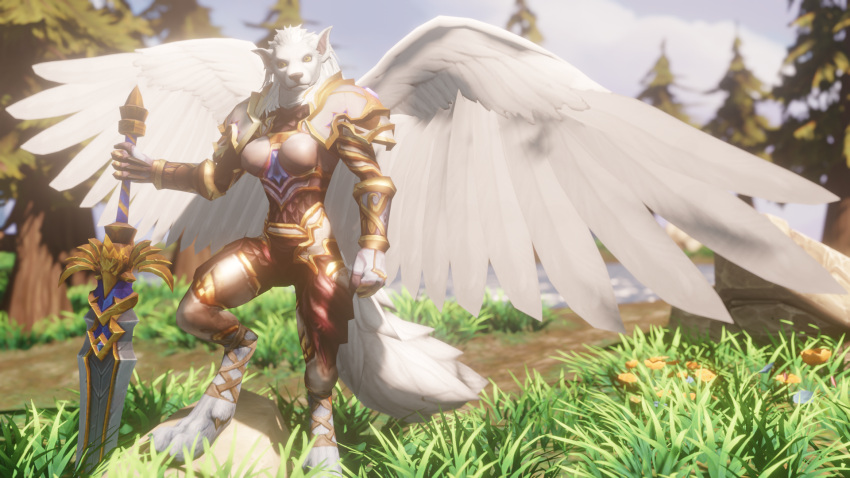 anthro armor blizzard_entertainment canid canine day female forest forest_background fur grass_field hi_res light luna_silvermoon mammal melee_weapon nature nature_background plant solo sunlight sword tree video_games warcraft weapon were werecanid werecanine werewolf white_body white_fur wings worgen xero2hero