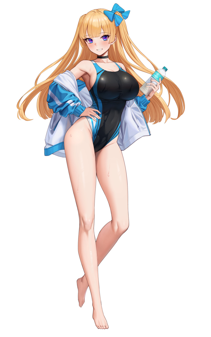 1girl absurdres barefoot black_choker black_one-piece_swimsuit blonde_hair blue_eyes blue_jacket blue_ribbon bottle breasts choker commentary_request competition_swimsuit full_body hair_ribbon hand_on_hip highres holding holding_bottle jacket large_breasts lina_(michihasu) long_hair michihasu one-piece_swimsuit original ribbon simple_background solo swimsuit toes water_bottle wet wet_clothes wet_swimsuit white_background