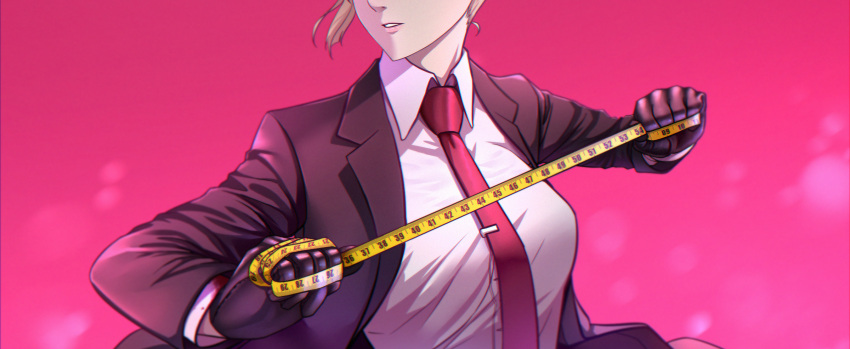 1girl agent_47 agent_47_(cosplay) arms_up black_gloves black_suit blonde_hair blood blood_stain braid breasts chinese_commentary collared_shirt cosplay cropped derivative_work formal girls'_frontline gloves green_eyes highres hitman_(game) looking_to_the_side lzypoipoi medium_breasts necktie parted_lips pink_background red_necktie screencap_redraw shirt solo suit tape_measure tie_clip twintails upper_body welrod_mkii_(girls'_frontline) white_shirt