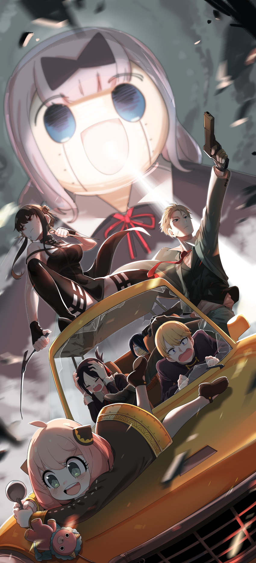 absurdres car_chase collaboration giant_robo_(mecha) highres kaguya-sama_wa_kokurasetai_~tensai-tachi_no_renai_zunousen~ non-web_source spy_x_family