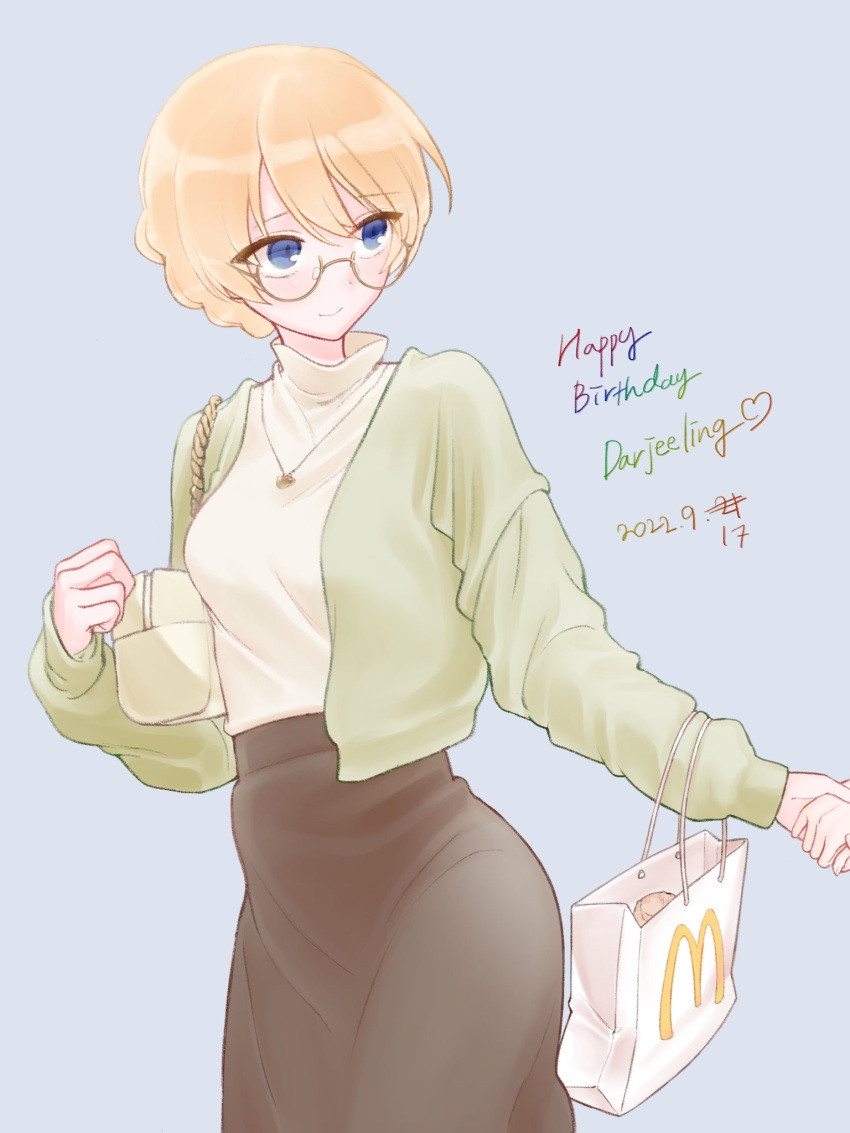 100zi 1other aged_up alternate_costume blonde_hair blue_background blue_eyes blush braid character_name darjeeling_(girls_und_panzer) dated french_braid girls_und_panzer green_jacket happy_birthday highres jacket jewelry looking_back mcdonald's necklace semi-rimless_eyewear shirt skirt smile turtleneck under-rim_eyewear white_shirt