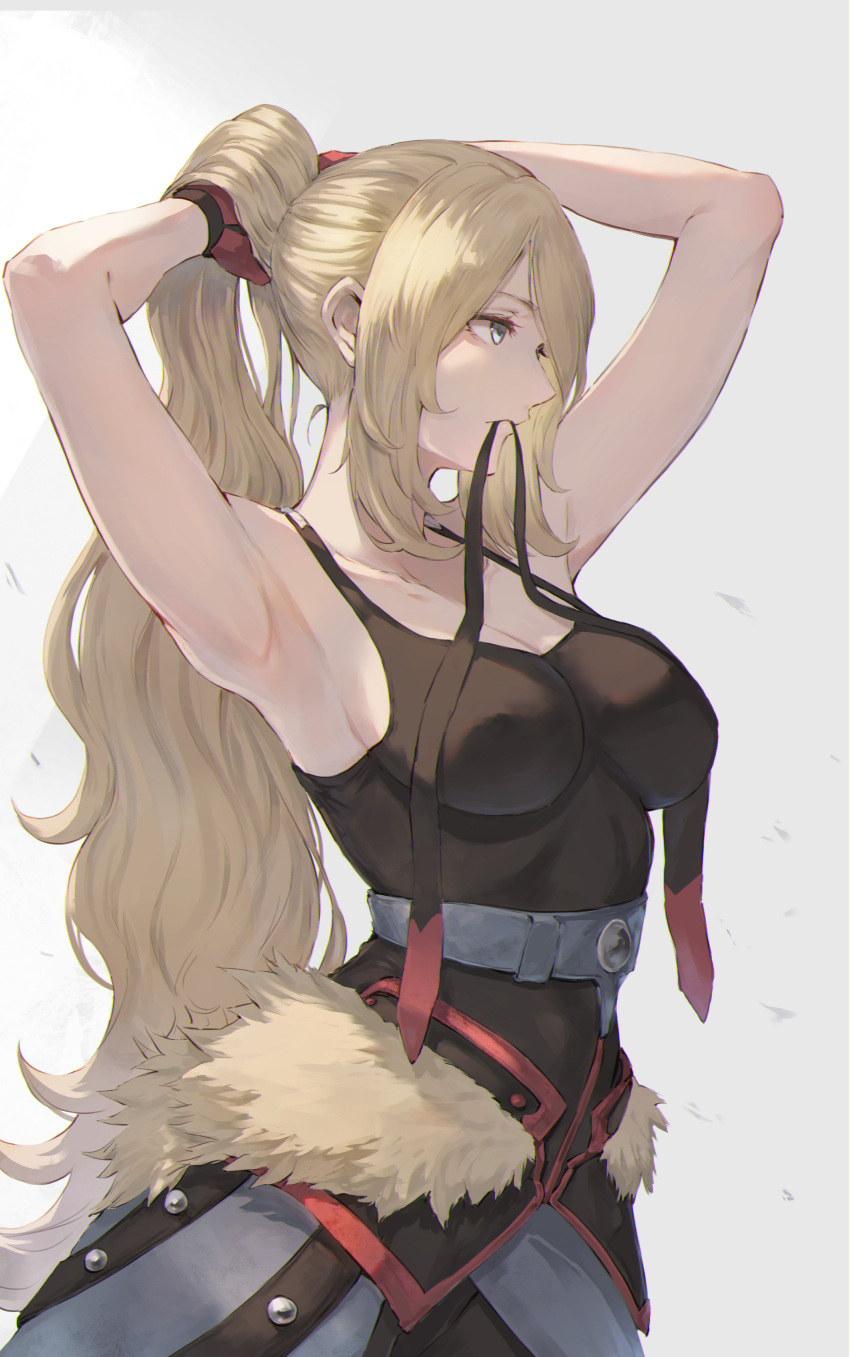 1girl absurdres armpits arms_up belt black_tank_top blonde_hair blue_belt breasts cynthia_(pokemon) from_side fur_trim gloves grey_eyes highres jojobirdz large_breasts long_hair mouth_hold official_alternate_costume official_alternate_hairstyle pokemon pokemon_(game) pokemon_masters_ex ponytail red_gloves ribbon ribbon_in_mouth sidelocks solo tank_top tying_hair upper_body very_long_hair wavy_hair