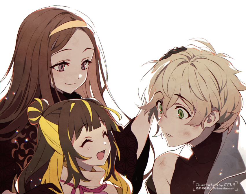 1girl 2boys ^_^ ^o^ artist_name bangs black_gloves blonde_hair blush brown_eyes brown_hair chacha_(fate) child closed_eyes closed_mouth commentary_request fate/grand_order fate_(series) gloves green_eyes grey_hair hair_tie hairband head_rub ishida_mitsunari_(fate) japanese_clothes long_hair long_sleeves looking_at_another male_child meiji_ken mother_and_son multicolored_hair multiple_boys no_headwear open_mouth parted_bangs parted_lips short_hair shusha_(fate) sidelocks simple_background smile turtleneck two-tone_hair upper_body very_long_hair white_background wide_sleeves yellow_hairband