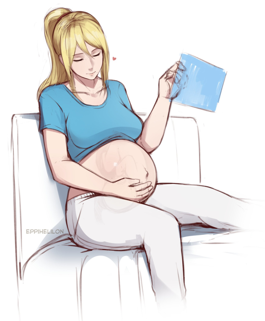 1girl absurdres bed big_belly blonde_hair blue_shirt breasts closed_eyes closed_mouth collarbone eppihelilon fetus hand_on_own_stomach heart highres holographic_interface holographic_monitor large_breasts light_smile long_hair metroid navel outie_navel pants ponytail pregnant samus_aran shirt short_sleeves simple_background sitting smile solo uterus white_background white_pants x-ray