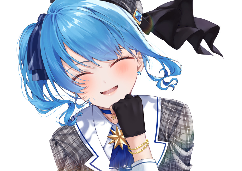 1girl absurdres ascot beret blue_hair blush bracelet choker closed_eyes ear_piercing gloves hat highres hololive hoshimachi_suisei jewelry open_mouth partially_fingerless_gloves piercing plaid plaid_shirt shirt side_ponytail simple_background smile solo upper_body virtual_youtuber white_background yuuyu_(moco20111115)