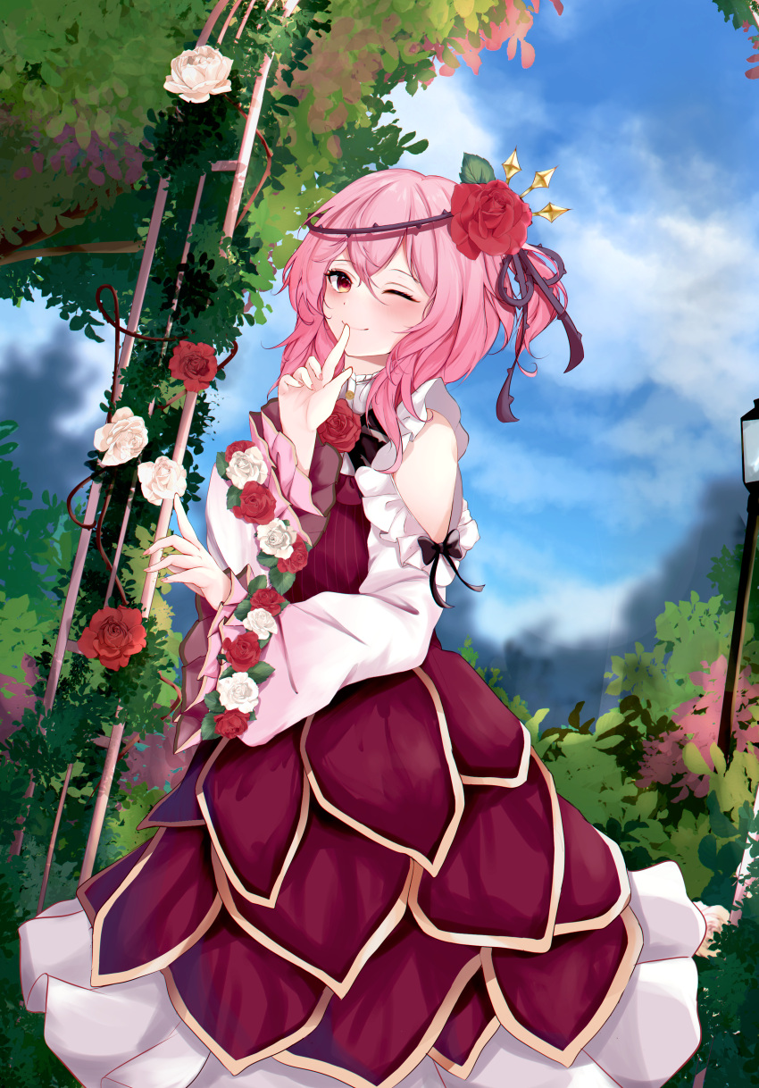 1girl ;) absurdres bangs blue_sky blurry blurry_background closed_mouth cloud dress english_commentary flower hair_flower hair_ornament highres long_hair looking_at_viewer medium_hair nijisanji nijisanji_en one_eye_closed one_side_up orchid_(orukido) outdoors pink_eyes pink_hair pink_nails red_dress red_flower red_rose rose rosemi_lovelock shirt sky smile solo tree white_flower white_rose white_shirt