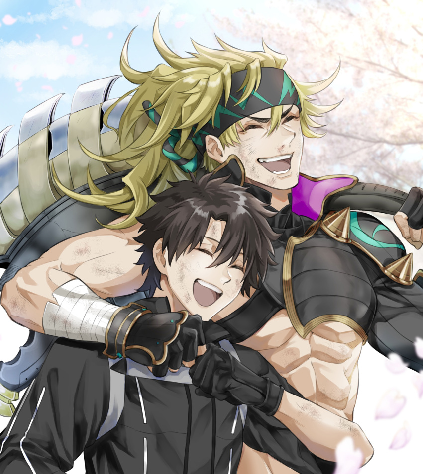 2boys ^_^ ^o^ abs axe bandaged_hand bandages bangs bare_pectorals black_gloves black_hair black_jacket blonde_hair blue_sky chaldea_uniform chest_harness closed_eyes commentary_request dirty dirty_face fate/grand_order fate_(series) fingerless_gloves fujimaru_ritsuka_(male) fujimaru_ritsuka_(male)_(polar_chaldea_uniform) gloves harness headband highres holding holding_axe igote jacket long_hair male_focus multiple_boys muscular muscular_male official_alternate_costume okuno_naru_(exoprsa) open_mouth over_shoulder pectorals sakata_kintoki_(fate) sakata_kintoki_(heian_warrior_attire)_(fate) short_hair short_sleeves single_bare_shoulder sky smile teeth upper_body upper_teeth weapon weapon_over_shoulder