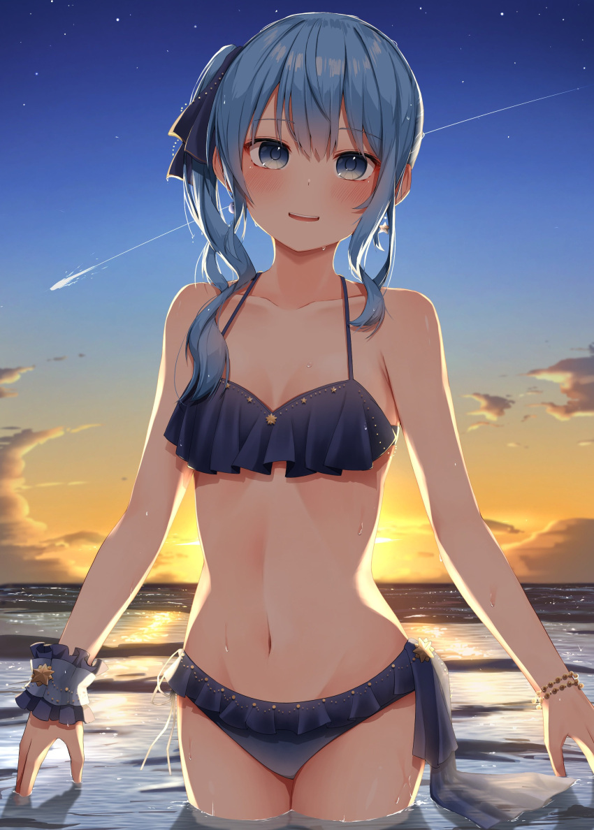 1girl absurdres bangs bare_arms bare_shoulders bikini blue_bikini blue_eyes blue_hair blue_ribbon blush bracelet breasts cloud comet cowboy_shot hair_ribbon highres hololive hoshimachi_suisei jewelry long_hair looking_at_viewer navel outdoors parted_lips pepushi_drow ribbon side_ponytail sky small_breasts smile solo standing star_(sky) stomach sunset swimsuit teeth upper_teeth virtual_youtuber water wet wrist_cuffs