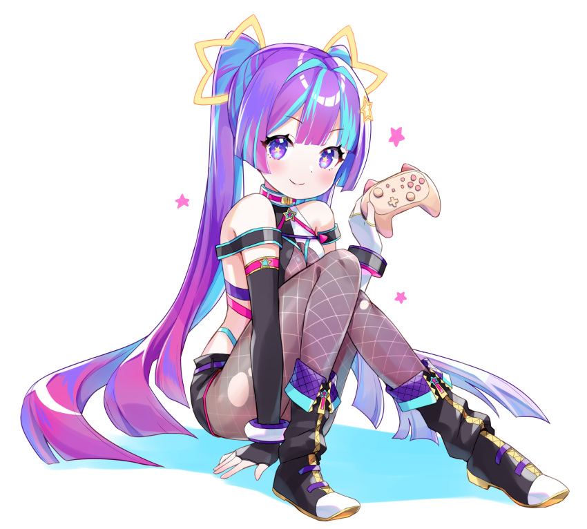 1girl amimi blue_hair blush closed_mouth controller fishnets game_controller highres holding holding_controller holding_game_controller indie_virtual_youtuber long_hair looking_at_viewer lunatrix multicolored_hair purple_hair shirt sitting sleeveless sleeveless_shirt smile solo star_(symbol) twintails virtual_youtuber white_background