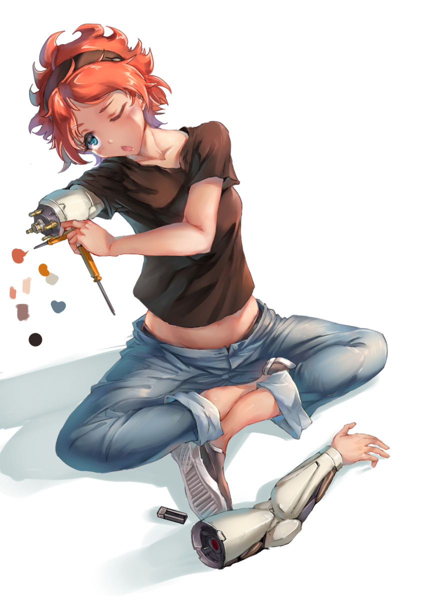 1girl ;o aged_down bangs battery blue_eyes blush breasts collarbone commentary cyborg elnora_samaya gundam gundam_suisei_no_majo hairband highres mechanical_arms medium_breasts midriff one_eye_closed orange_hair pants prosthesis prosthetic_arm repairing revision rod_(wayfirecmo19) screwdriver shirt short_hair short_sleeves single_mechanical_arm sitting solo white_background