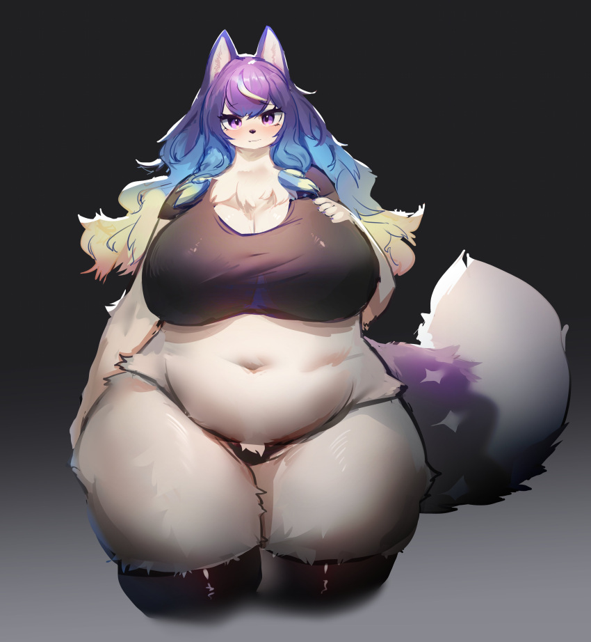 absurd_res anthro big_breasts big_tail biped black_background black_clothing black_legwear black_nose black_pupils black_shirt black_thigh_highs black_thong black_topwear black_underwear blonde_hair blue_hair blush breasts canid canine canis chest_tuft claws cleavage clothed clothing colored crop_top curvy_figure digital_media_(artwork) dipstick_tail eyelashes female finger_claws fingers fluffy fluffy_tail front_view fully_clothed fur glistening glistening_body glistening_clothing glistening_fur glistening_hair glistening_legwear glistening_shirt glistening_topwear gradient_background gradient_hair grey_background hair hekate_(tas) hi_res huge_breasts kemono legwear lifewonders long_hair looking_at_viewer mammal markings midriff monotone_ears multicolored_body multicolored_fur multicolored_hair multicolored_tail navel portrait pupils purple_body purple_claws purple_ears purple_eyes purple_fur purple_hair purple_tail shaded shirt simple_background skimpy slightly_chubby solo standing tail_markings thick_tail thick_thighs thigh_highs thong three-quarter_portrait tokyo_afterschool_summoners topwear translucent translucent_clothing translucent_shirt translucent_topwear tuft two_tone_body two_tone_fur two_tone_tail underwear utterangle video_games voluptuous white_body white_fur white_markings white_tail wide_hips