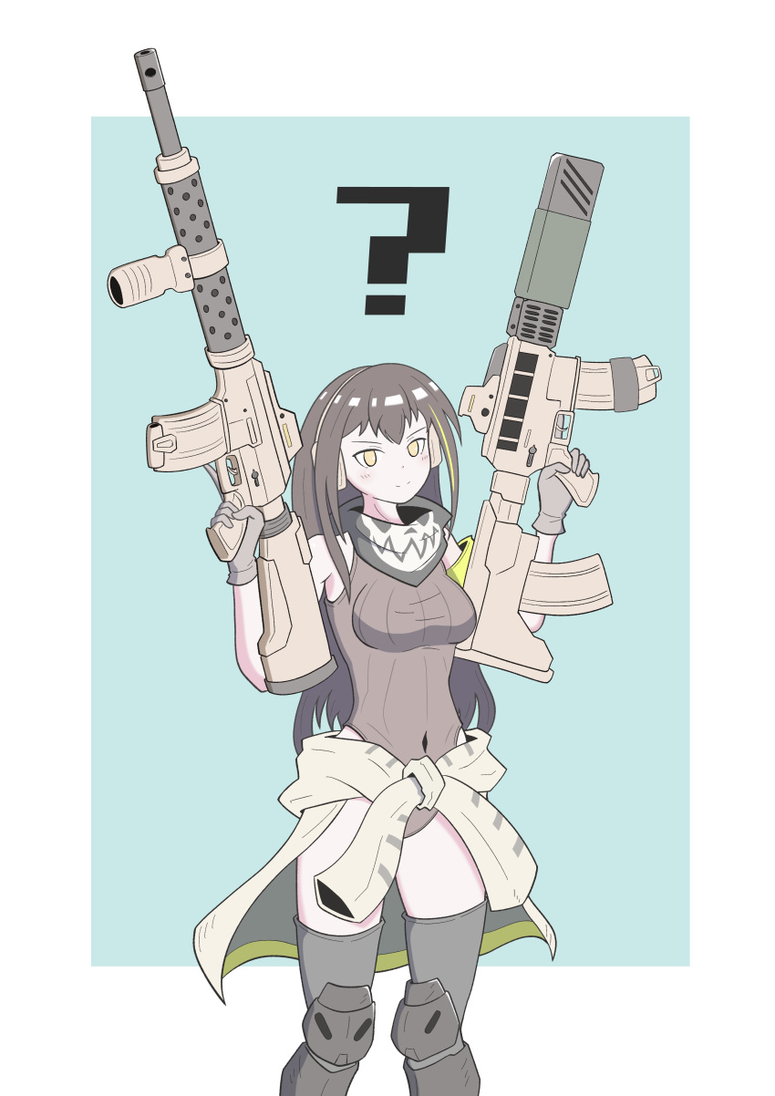 1girl ? absurdres armband assault_rifle bad_gun_anatomy black_hair blue_background boots breasts closed_mouth clothes_around_waist covered_navel cursed_m4a1 girls'_frontline gloves grey_gloves grey_leotard gun highleg highleg_leotard highres jacket jacket_around_waist leotard looking_at_viewer m4a1_(girls'_frontline) medium_breasts outside_border ribbed_leotard rifle scarf solo standing thigh_boots weapon white_background xhwx7842 yellow_eyes