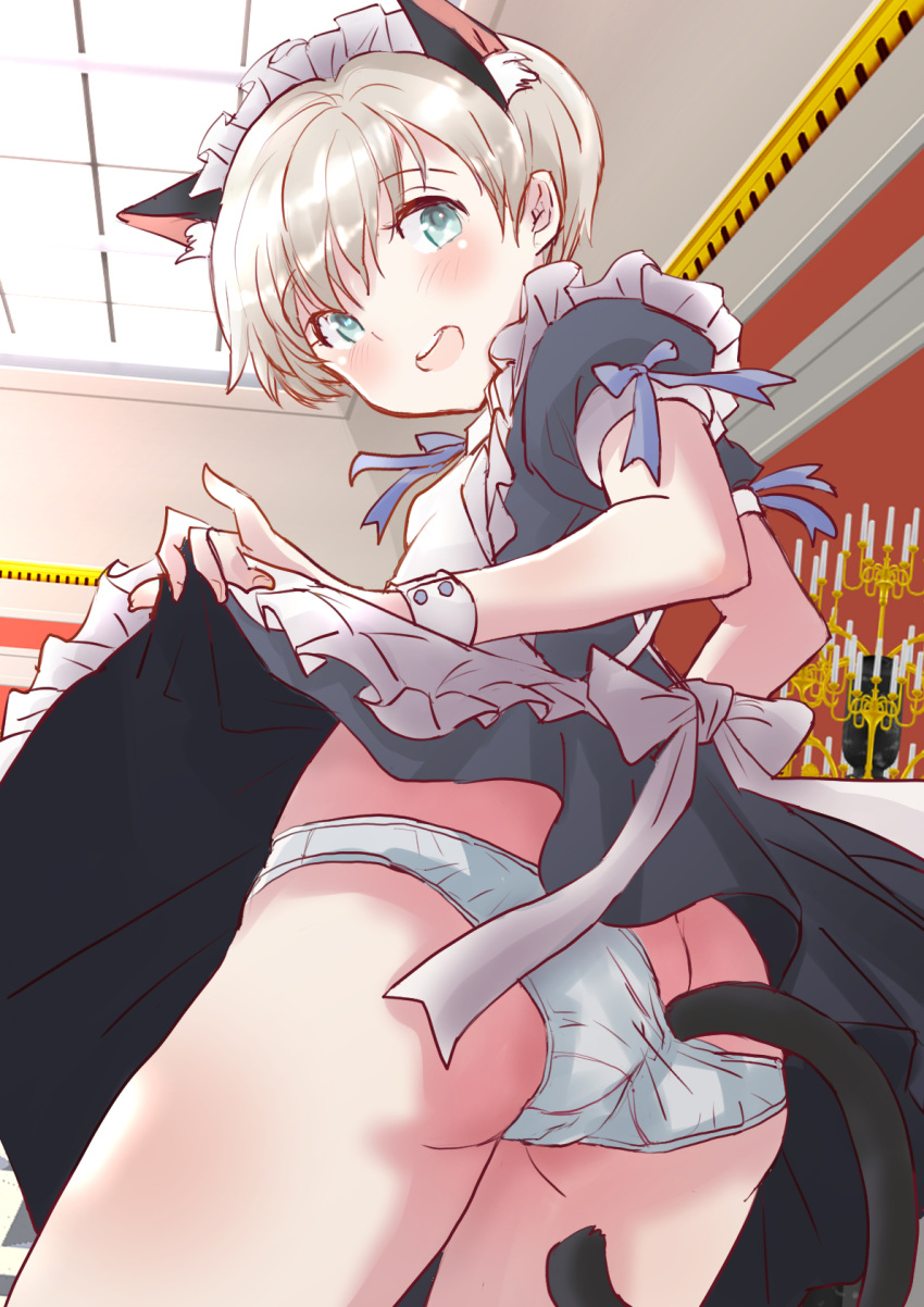 1girl alternate_costume anal_tail animal_ears apron blue_eyes candelabra cat_ears cat_tail commentary_request cowboy_shot dress enmaided fake_tail from_behind fuji_(pixiv24804665) grey_dress highres indoors kantai_collection lifted_by_self looking_at_viewer looking_back maid maid_headdress panties short_hair solo tail underwear white_apron white_hair white_panties wrist_cuffs z1_leberecht_maass_(kancolle)