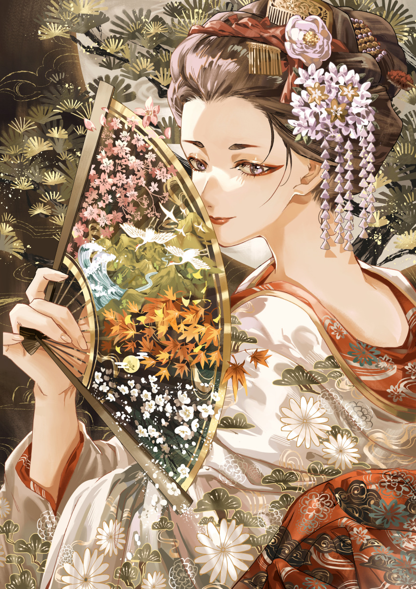 1girl absurdres autumn autumn_leaves bird black_hair cherry_blossoms crane_(animal) egasumi eyeliner floral_print flower folding_fan full_moon hair_flower hair_ornament hand_fan highres holding holding_fan japanese_clothes kanzashi kikumon kimono leaf lipstick looking_at_viewer makeup maple_leaf matsu_symbol moon mountain nihongami original pine_tree pink_flower plum_blossoms purple_eyes red_eyeliner seasons solo spring_(season) summer tree tsukimiya_akira upper_body waves white_flower white_kimono winter