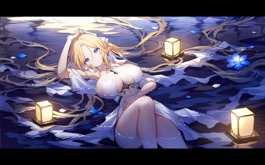 1girl azur_lane blonde_hair blue_eyes breasts brest_(azur_lane) dress floating_lights highres large_breasts long_hair looking_at_viewer lying night on_back pointy_ears quan_(kurisu_tina) revealing_clothes solo underboob very_long_hair water wet wet_clothes white_dress