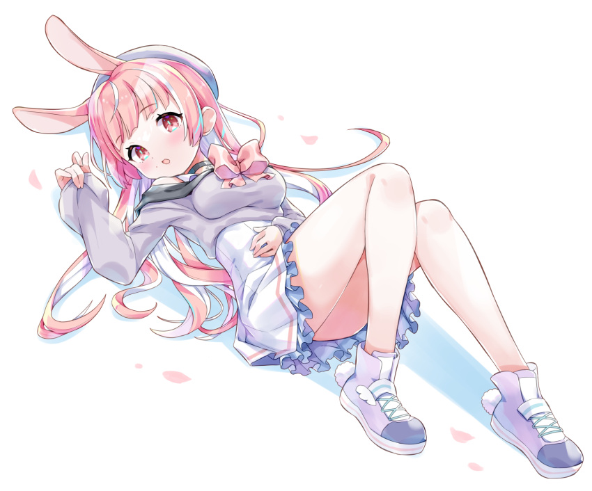 1girl amimi animal_ears blue_hair chimo_(style) choker hat highres long_hair long_sleeves looking_at_viewer lying multicolored_hair off-shoulder_shirt off_shoulder on_back pink_hair purple_shirt rabbit_ears rabbit_girl red_eyes shirt skirt style_(group) virtual_youtuber white_background white_skirt