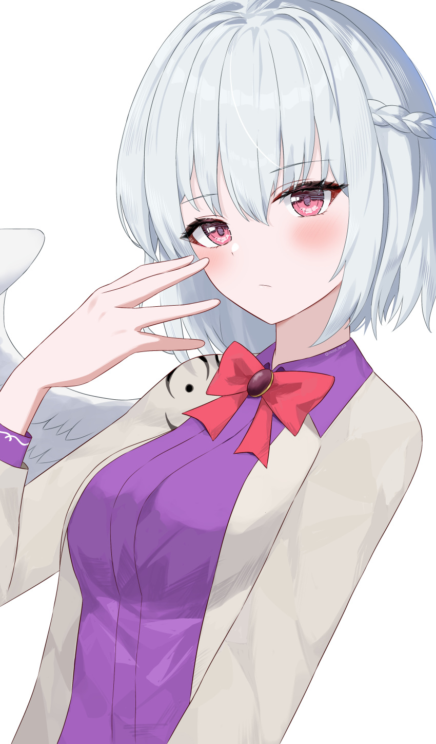 1girl :/ absurdres anima_miko arm_up bangs blush bow bowtie braid breasts brooch closed_mouth collared_dress dress feathered_wings french_braid grey_hair highres jacket jewelry kishin_sagume large_breasts long_sleeves looking_at_viewer open_clothes open_jacket purple_dress red_bow red_bowtie red_eyes shiny shiny_hair short_hair simple_background single_wing solo suit_jacket touhou upper_body white_background white_wings wing_collar wings
