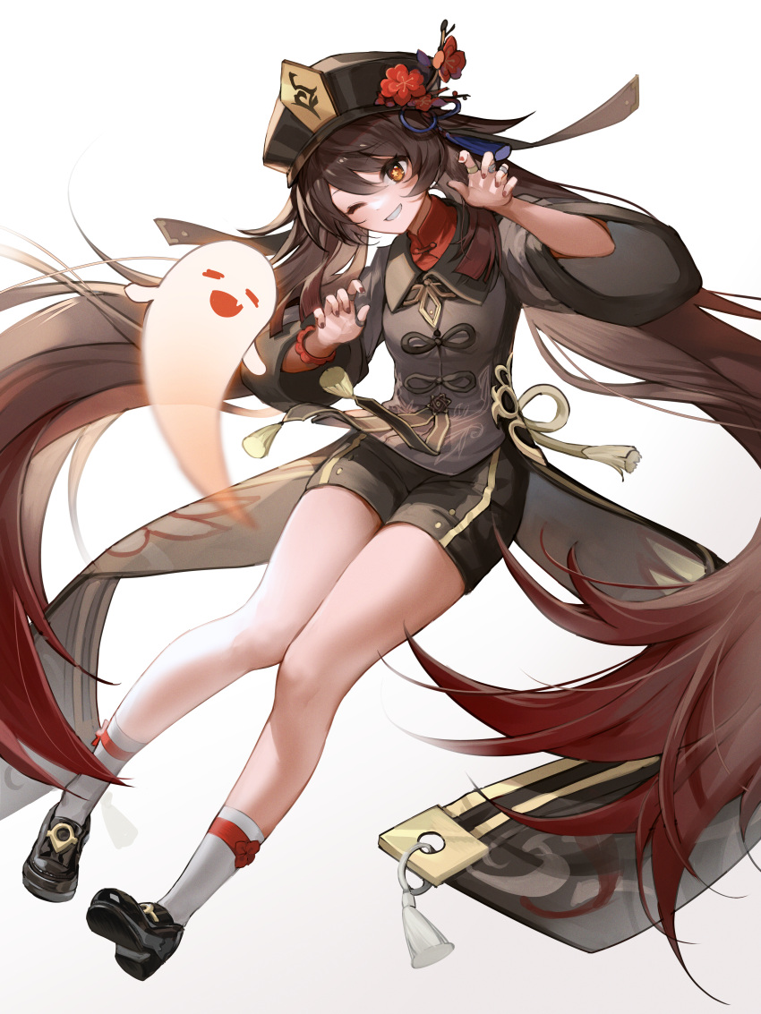 1girl absurdres bangs black_footwear black_nails boo_tao_(genshin_impact) brown_hair coattails colored_tips flower full_body genshin_impact ghost_pose grin hands_up hat hat_flower highres hitodama hu_tao_(genshin_impact) jewelry legs long_hair looking_at_viewer multicolored_hair multiple_rings nail_polish nannaspad one_eye_closed plum_blossoms porkpie_hat red_eyes ring shoes short_shorts shorts simple_background smile socks tassel thighs twintails very_long_hair white_background wide_sleeves