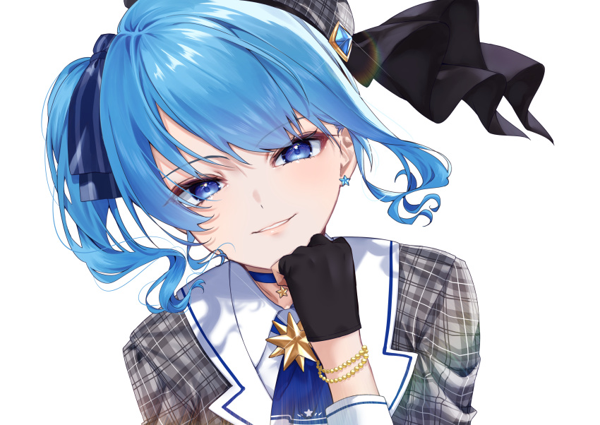 1girl absurdres ascot beret blue_eyes blue_hair bracelet choker ear_piercing gloves hat highres hololive hoshimachi_suisei jewelry looking_at_viewer parted_lips partially_fingerless_gloves piercing plaid plaid_shirt shirt side_ponytail simple_background smile solo star_(symbol) star_in_eye symbol_in_eye upper_body virtual_youtuber white_background yuuyu_(moco20111115)