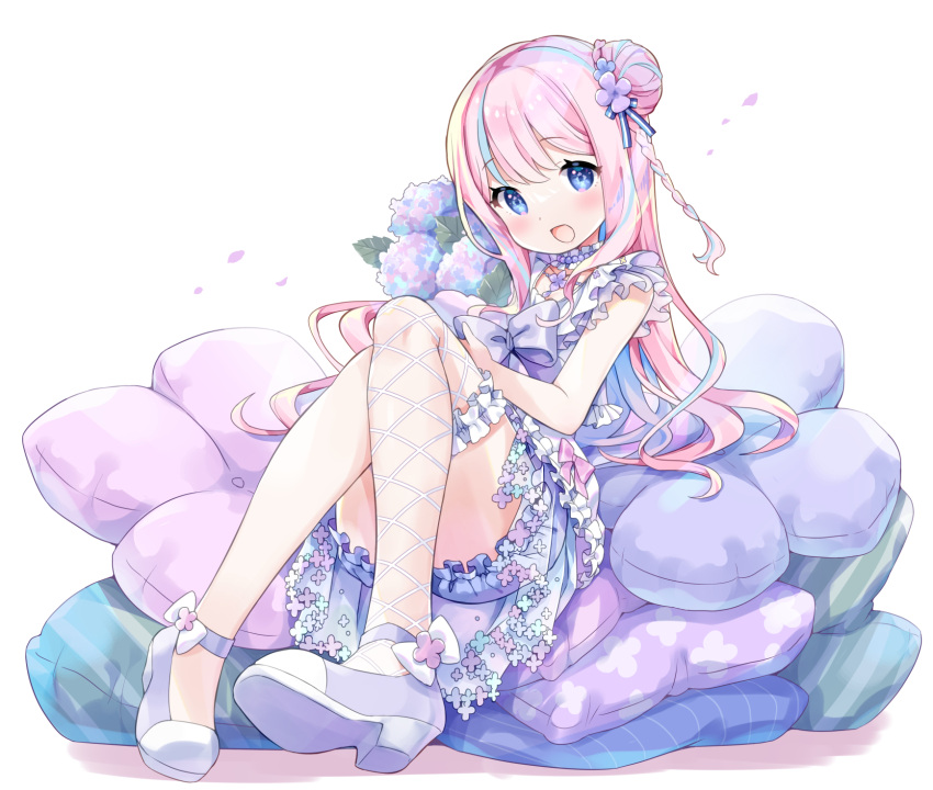 1girl amimi blue_dress blue_eyes blue_hair blush bouquet commission dress flower half_updo high_heels highres holding holding_bouquet hydrangea indie_virtual_youtuber long_hair multicolored_hair open_mouth pink_hair short_dress skeb_commission solo temari_hanan virtual_youtuber white_background