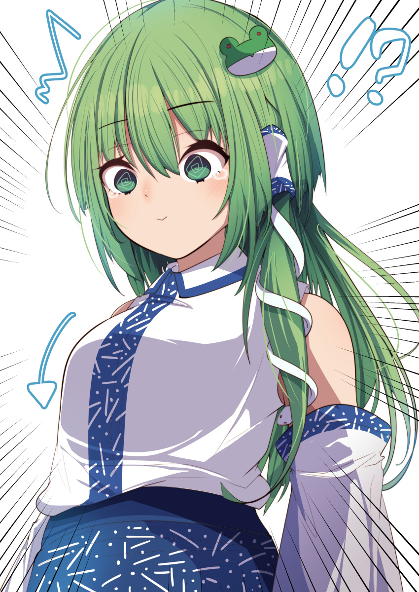 1girl @_@ absurdres bangs blue_skirt breast_conscious breasts collared_shirt commentary_request darumoon detached_sleeves frog_hair_ornament green_eyes green_hair hair_ornament highres kochiya_sanae long_hair long_sleeves shirt skirt sleeveless sleeveless_shirt small_breasts solo tearing_up touhou white_shirt white_sleeves