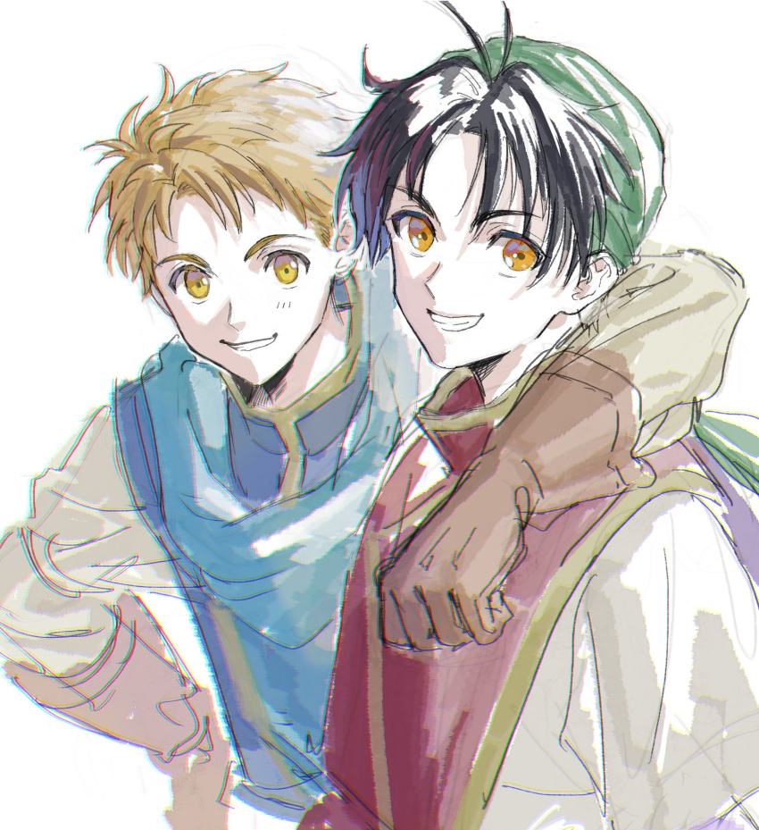 2boys arm_over_shoulder gensou_suikoden gensou_suikoden_i halu-ca happy headband highres looking_at_viewer multiple_boys smile ted_(suikoden) tir_mcdohl