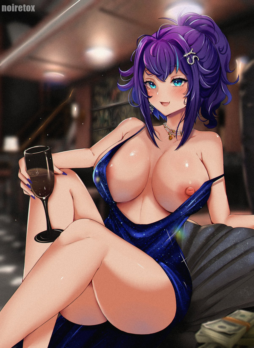 1girl alcohol bare_legs bare_shoulders blue_eyes blue_nails breasts cleavage cup drinking drinking_glass feet_out_of_frame highres holding indie_virtual_youtuber jewelry large_breasts melody_(projektmelody) necklace nipple_slip nipples noiretox open_mouth projektmelody purple_hair smile solo virtual_youtuber wine_glass