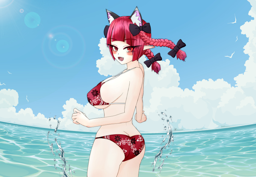 1girl absurdres animal_ears ass beach bikini bird blue_sky bow braid breasts cat_ears cloud cloudy_sky day fisheye floral_print hair_bow highres horizon kaenbyou_rin lens_flare no_tail ocean outdoors red_eyes red_hair seagull sky solo sugar_you sun swimsuit touhou twin_braids twisted_torso water waves