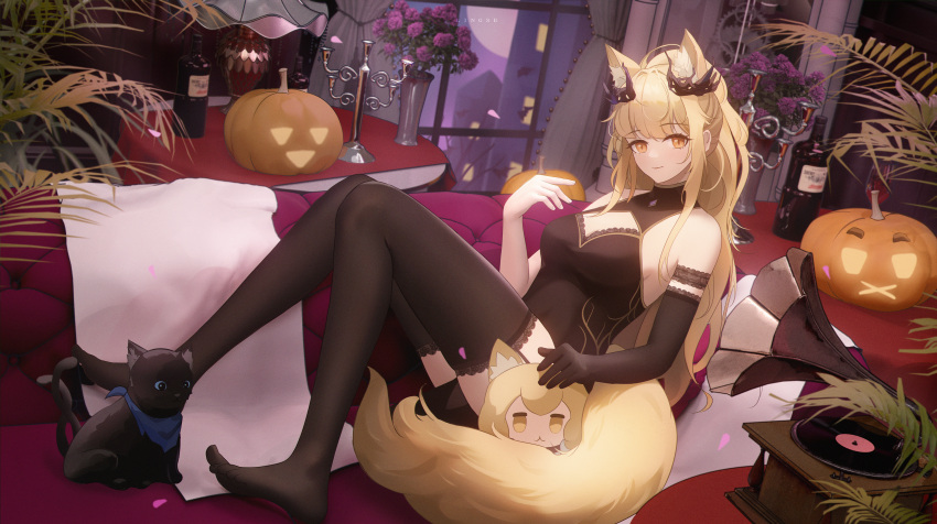 1girl absurdres animal_ears arknights bare_shoulders black_cat black_gloves black_shirt black_thighhighs blemishine_(arknights) blemishine_(moon_catastrborn)_(arknights) blonde_hair blush breasts candelabra cat character_doll cleavage cleavage_cutout clothing_cutout couch elbow_gloves flower gloves highres horse_ears horse_girl horse_tail indoors jack-o'-lantern knees_up leaf ling_dianxia looking_at_viewer night no_shoes phonograph pink_flower shirt single_glove sitting smile solo table tablecloth tail thighhighs vase window yellow_eyes