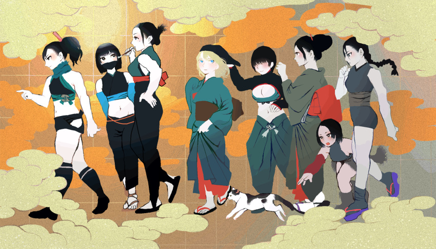 6+girls abs black_hair blonde_hair bowl_cut cloud commentary_request day fog gesogeso green_kimono hair_ornament hairclip japanese_clothes kimono kotetsu_(gesogeso) multiple_girls ninja original retsu_(gesogeso) sandals zantetsu_(gesogeso)