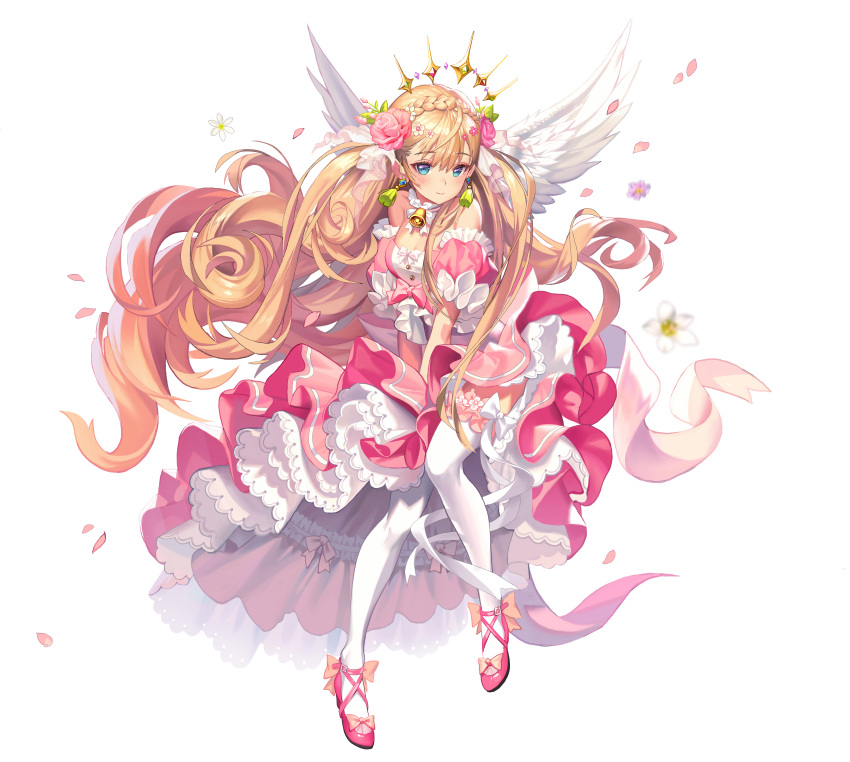 1girl 2v_(joyeong) absurdres bangs blonde_hair blue_eyes character_request closed_mouth destiny_child dress dress_tug earrings feathered_wings flower full_body hair_flower hair_ornament highres jewelry long_hair looking_at_viewer official_art pink_footwear shoes simple_background solo thighhighs white_background white_thighhighs white_wings wings