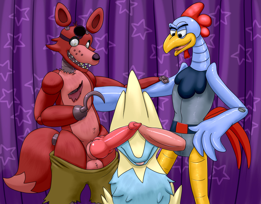 absurd_res adventures_of_sonic_the_hedgehog animal_genitalia animal_penis animatronic anthro avian balls beak belt bird blep blue_body blue_fur bolts bottomwear can't_see_the_haters canid canine canine_penis chicken clothed clothing crossover curtains curtains_closed eye_patch eyebrows eyewear feathers feral five_nights_at_freddy's fox foxy_(fnaf) fur galliform gallus_(genus) generation_3_pokemon genitals grinding group hi_res holding_arms hook machine male male/male mammal mane manectric meme nintendo open_mouth partially_clothed penis penis_on_face phasianid pokemon pokemon_(species) red_body red_fur robot scottgames scratch_(adventures_of_sonic_the_hedgehog) sega shorts shorts_down sitting sonic_the_hedgehog_(series) standing tapering_penis teeth tongue tongue_out trio video_games xankragoc yellow_body yellow_fur