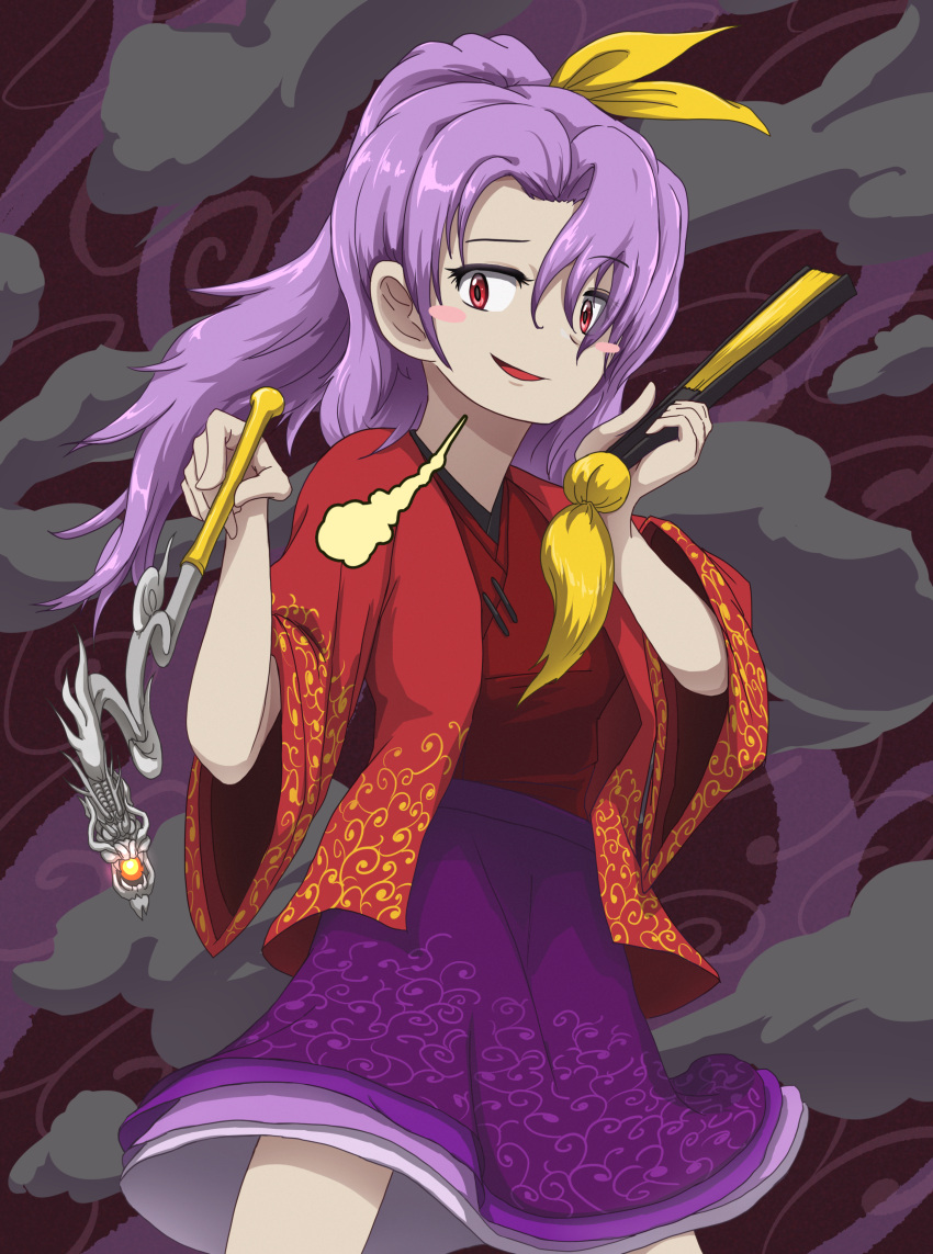 1girl absurdres frilled_skirt frills gurina_15 hair_between_eyes highres komakusa_sannyo layered_clothes purple_eyes purple_hair purple_skirt skirt smile touhou unconnected_marketeers