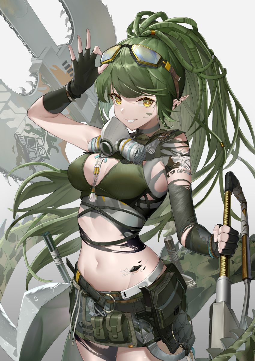 1girl absurdres adjusting_goggles arknights arm_up axe bangs bare_shoulders black_gloves breasts chainsaw cleavage cowboy_shot crop_top fingerless_gloves gavial_(arknights) gavial_the_invincible_(arknights) gloves goggles goggles_on_head green_hair grey_background grin groin highres laomotou large_breasts long_hair looking_at_viewer mask mask_around_neck midriff navel oripathy_lesion_(arknights) ponytail pouch smile solo standing stomach very_long_hair weapon yellow_eyes