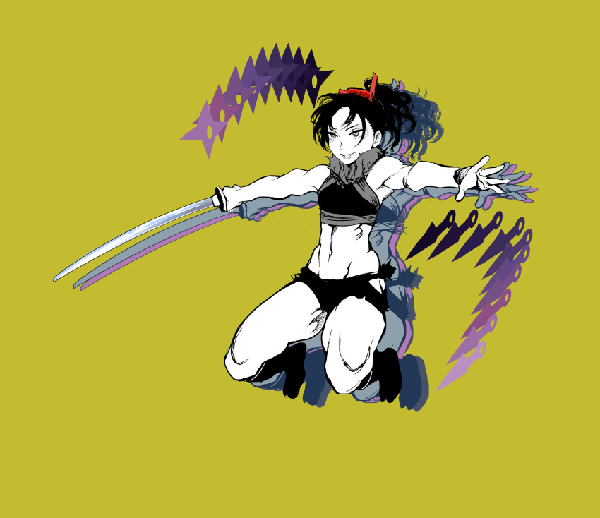 afterimage bike_shorts black_hair commentary_request gesogeso hair_ornament hairclip highres holding holding_sword holding_weapon japanese_clothes katana kunai monochrome muscular muscular_female ninja original shuriken smile sword weapon yellow_background zantetsu_(gesogeso)